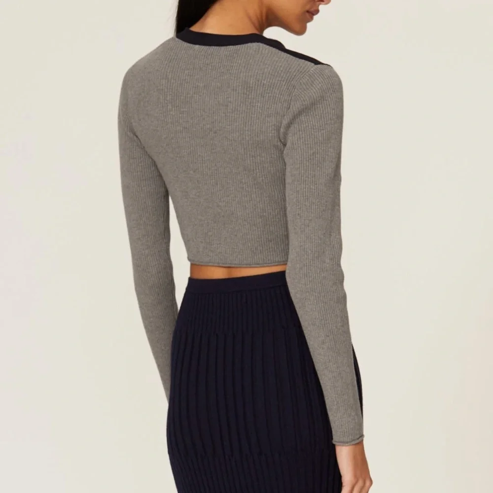 Peter Som Gray & Navy Cropped ColorBlock Pearl Long Sleeve Cardigan sz Large EUC